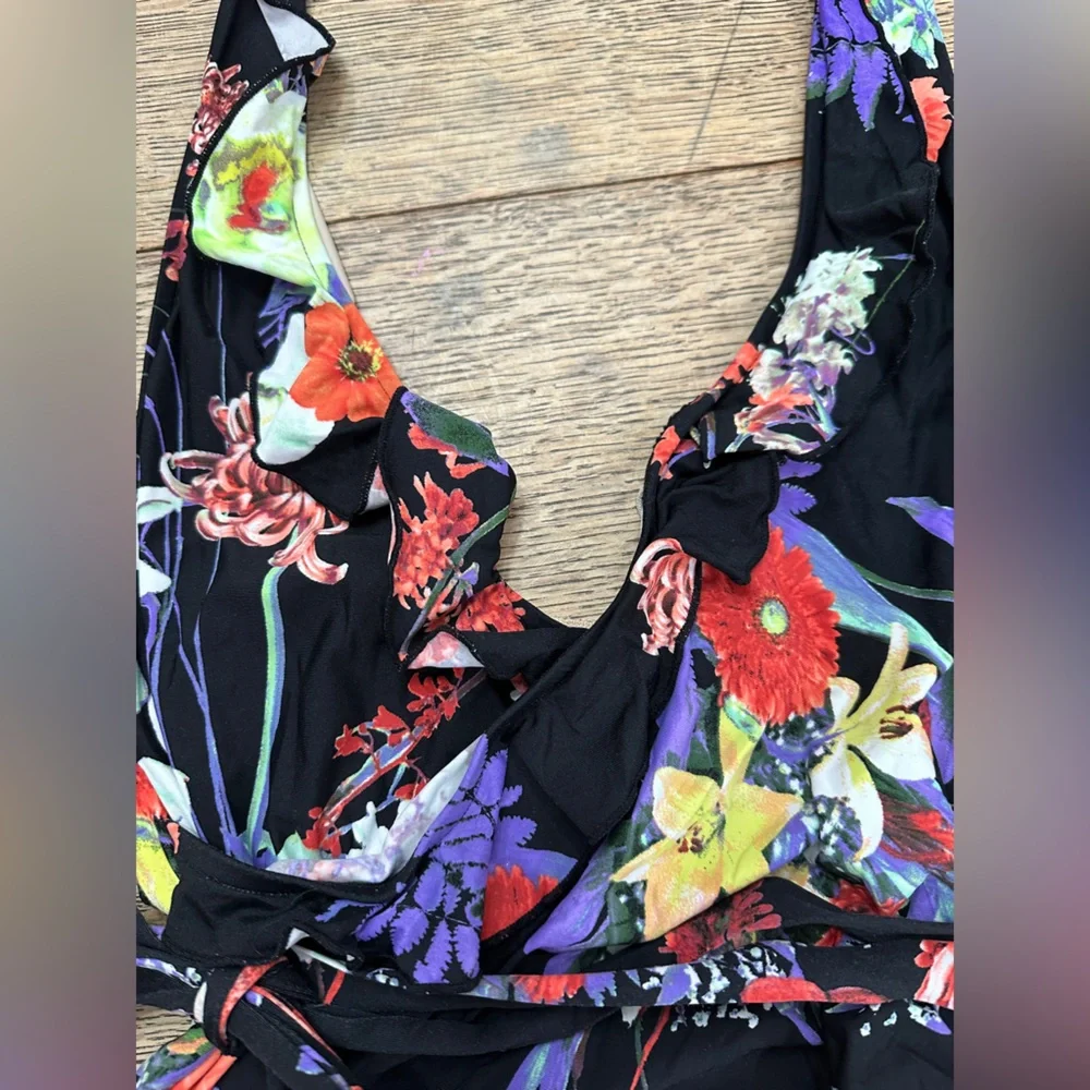 Anthropologie Allihop Ruffle Floral Halter Ruching Tie Waist One-Piece Swimsuit - Picture 10 of 16
